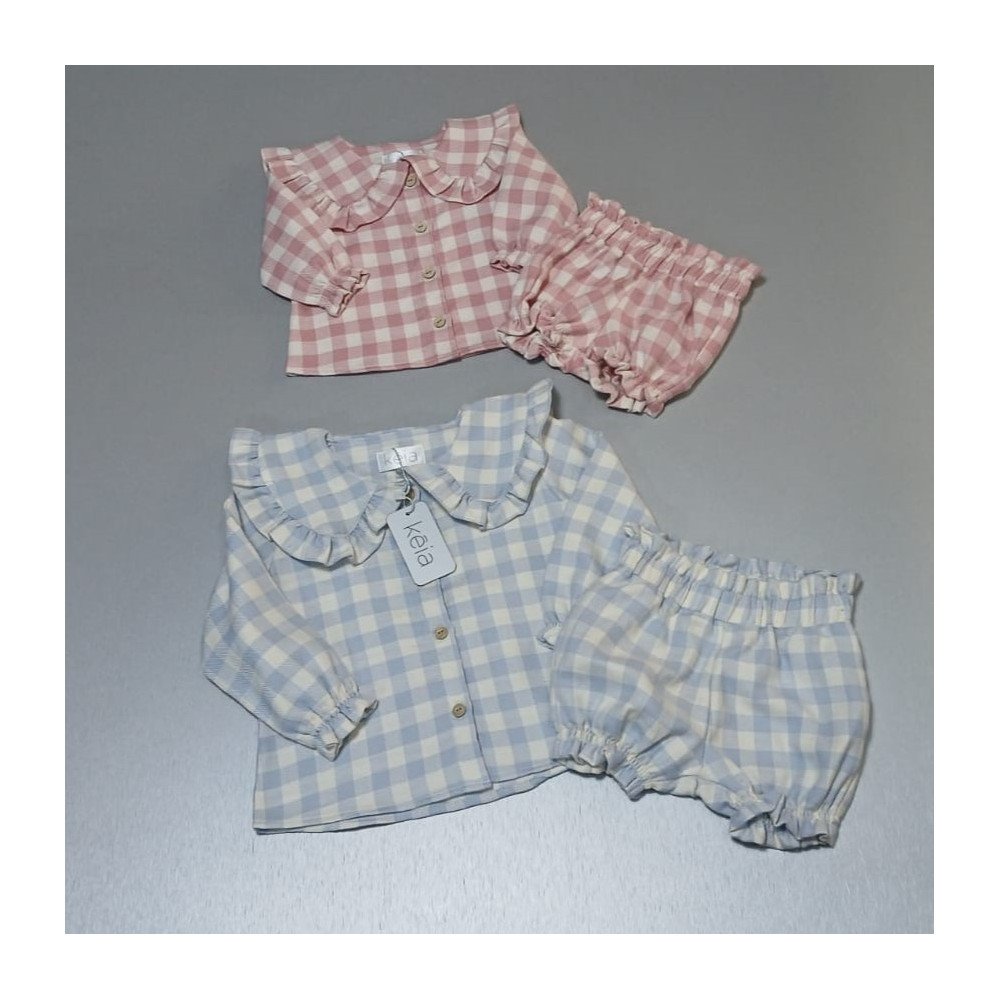 CONJUNTO BLUSA-SHORT CUADROS CELESTES