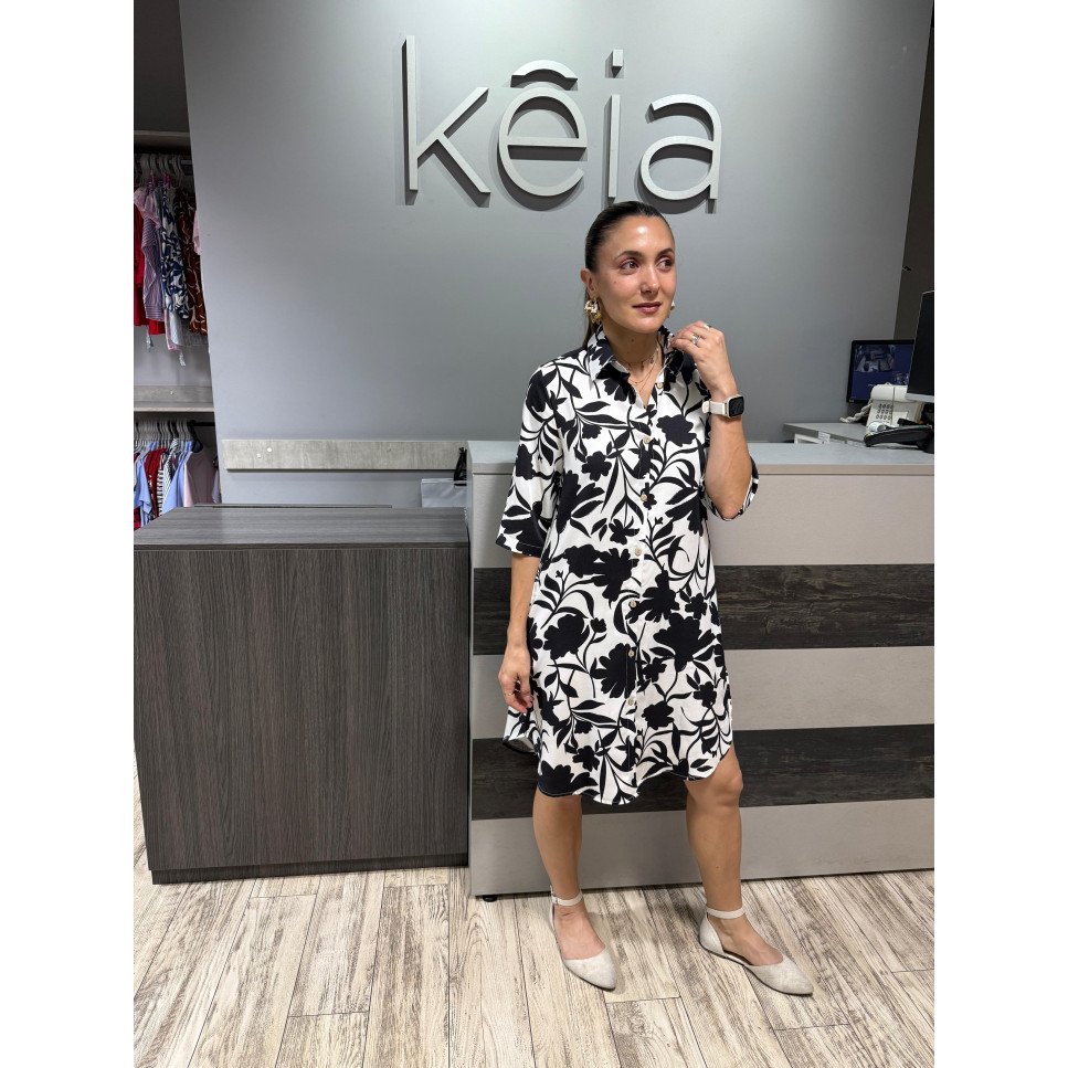 VESTIDO CAMISERO BLANCO FLORES NEGRAS