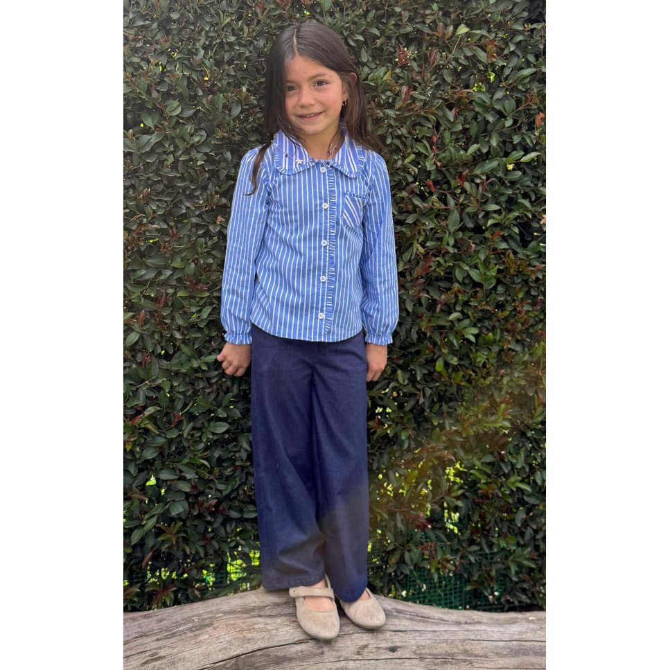 BLUSA CAMISERA CELESTE RAYAS COMBINADAS