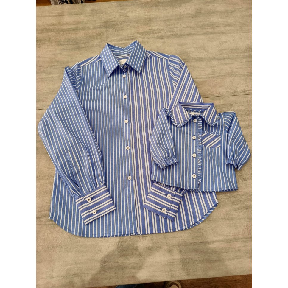 BLUSA CAMISERA CELESTE RAYAS COMBINADAS