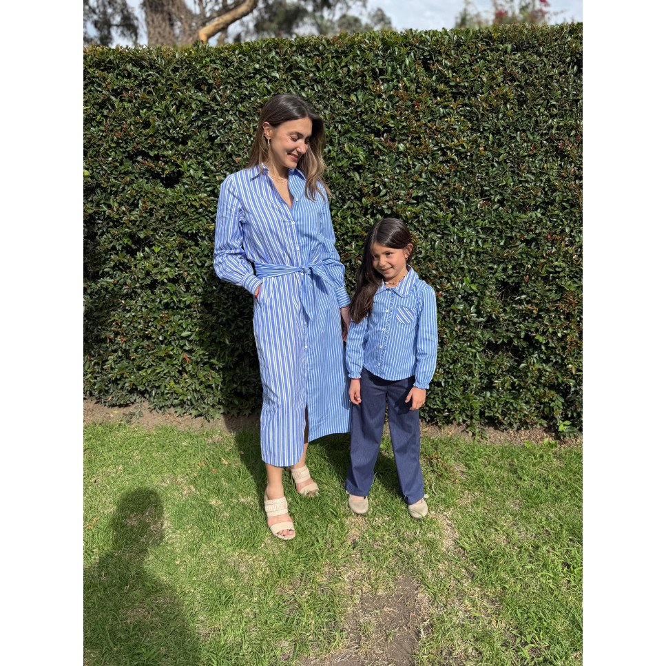 VESTIDO CAMISERO CELESTE RAYAS COMBINADAS