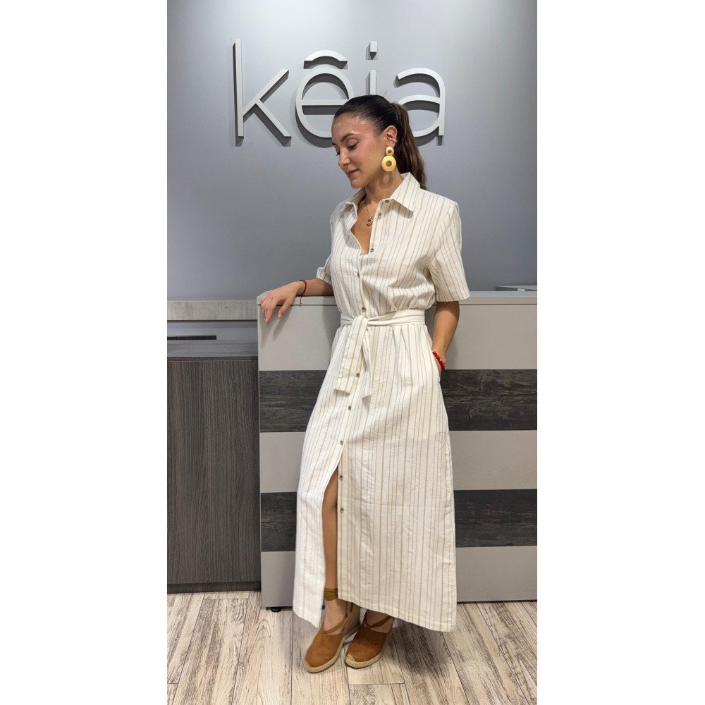 VESTIDO LARGO LINO RAYAS BEIGE