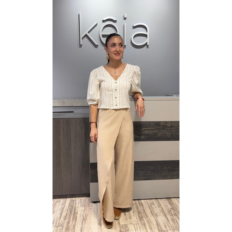 BLUSA LINO RAYAS BEIGE