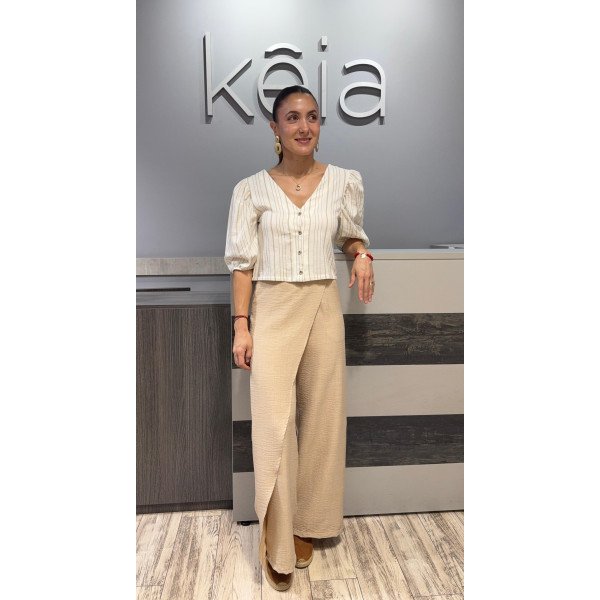 BLUSA LINO RAYAS BEIGE