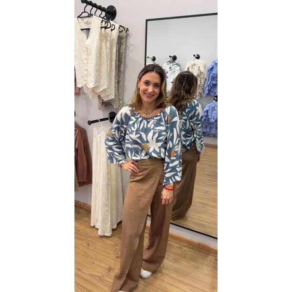 BLUSA KIMONA AZUL-CAFÉ