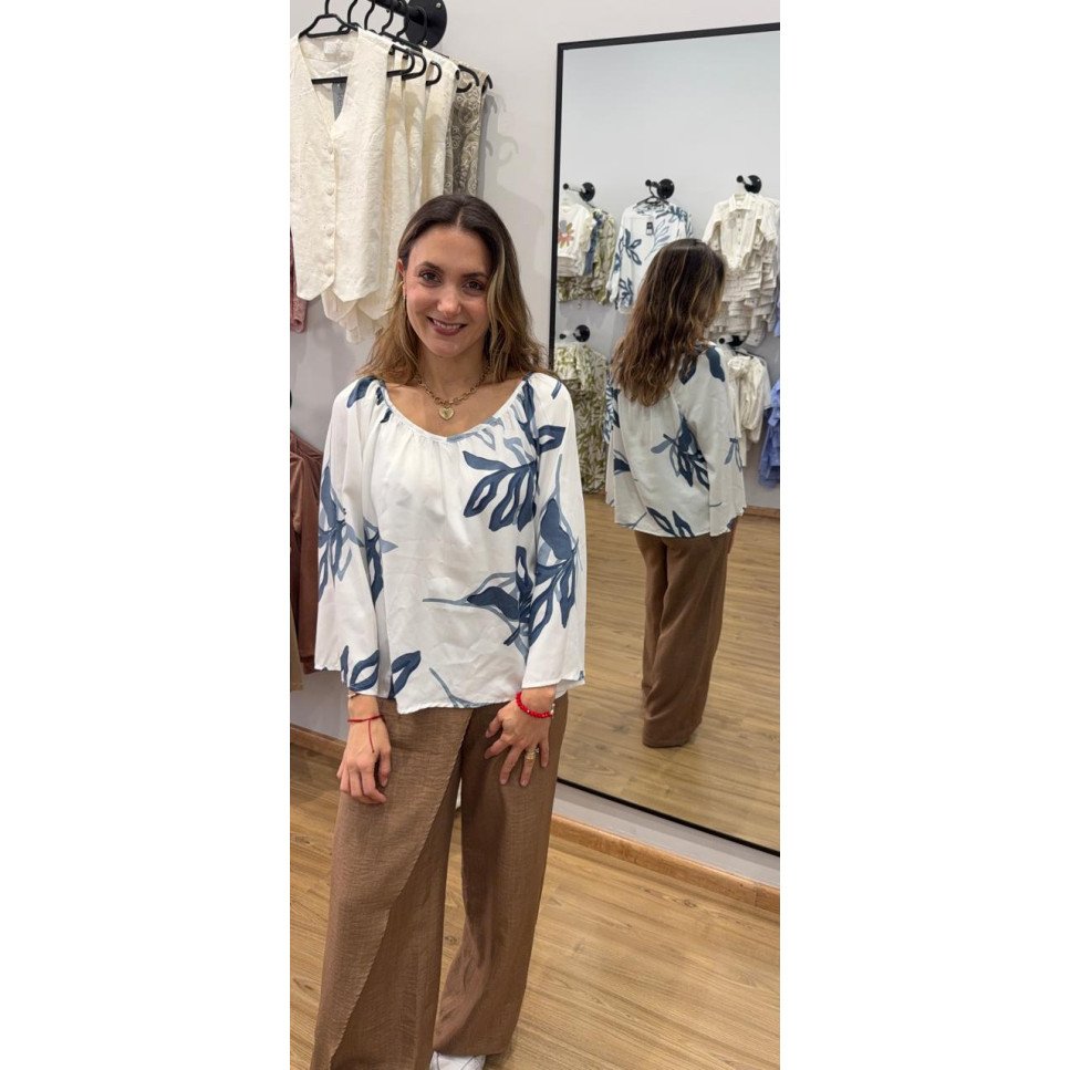 BLUSA AZUL-CAFÉ EN V