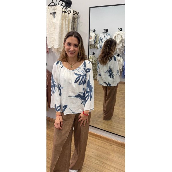 BLUSA AZUL-CAFÉ EN V