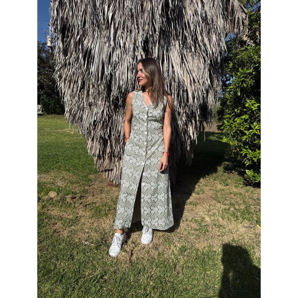 VESTIDO LINO VERDE OJALILLO